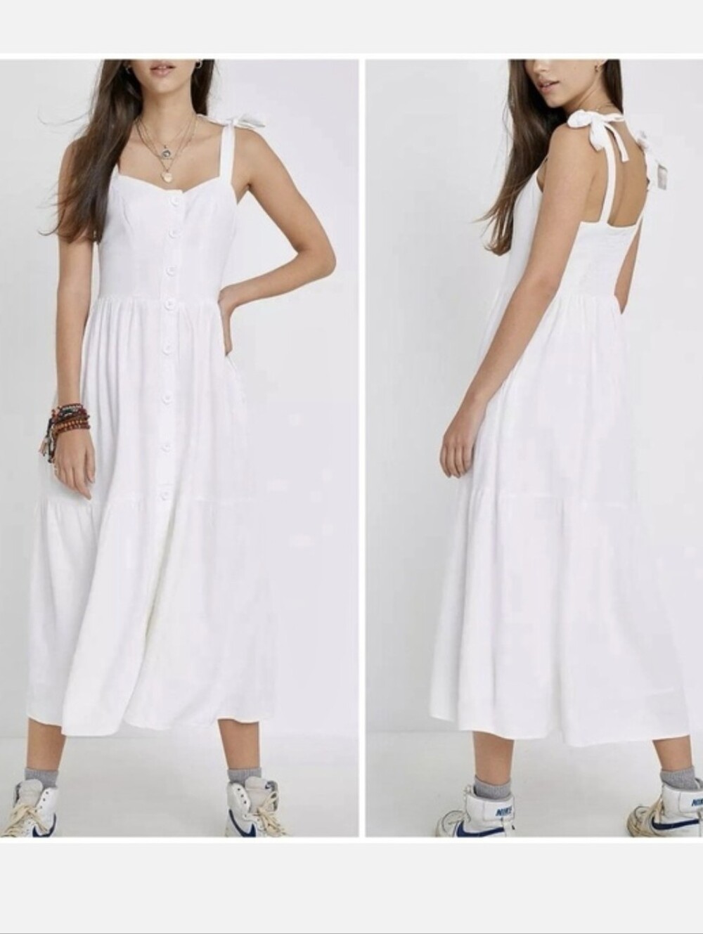 Urban Outfitters Positano Linen Blend Button Front Tie Shoulder Midi Dress